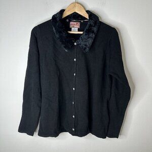 April Cornell Sweater Womens Black Chunky Knit Lambswool‎ Fur Collar Jacket M